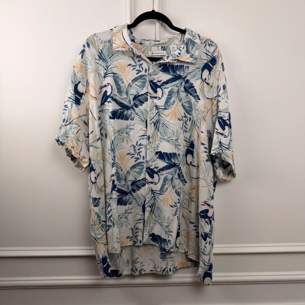 Cubavera Mens XXL Tropical Toucan Palm Print White Button Down‎ Shirt